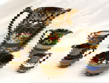 Lot of 6 pieces of Copper Luster incl pitcher, creamers & bowl - 2 1/4"-6 3/4" tall