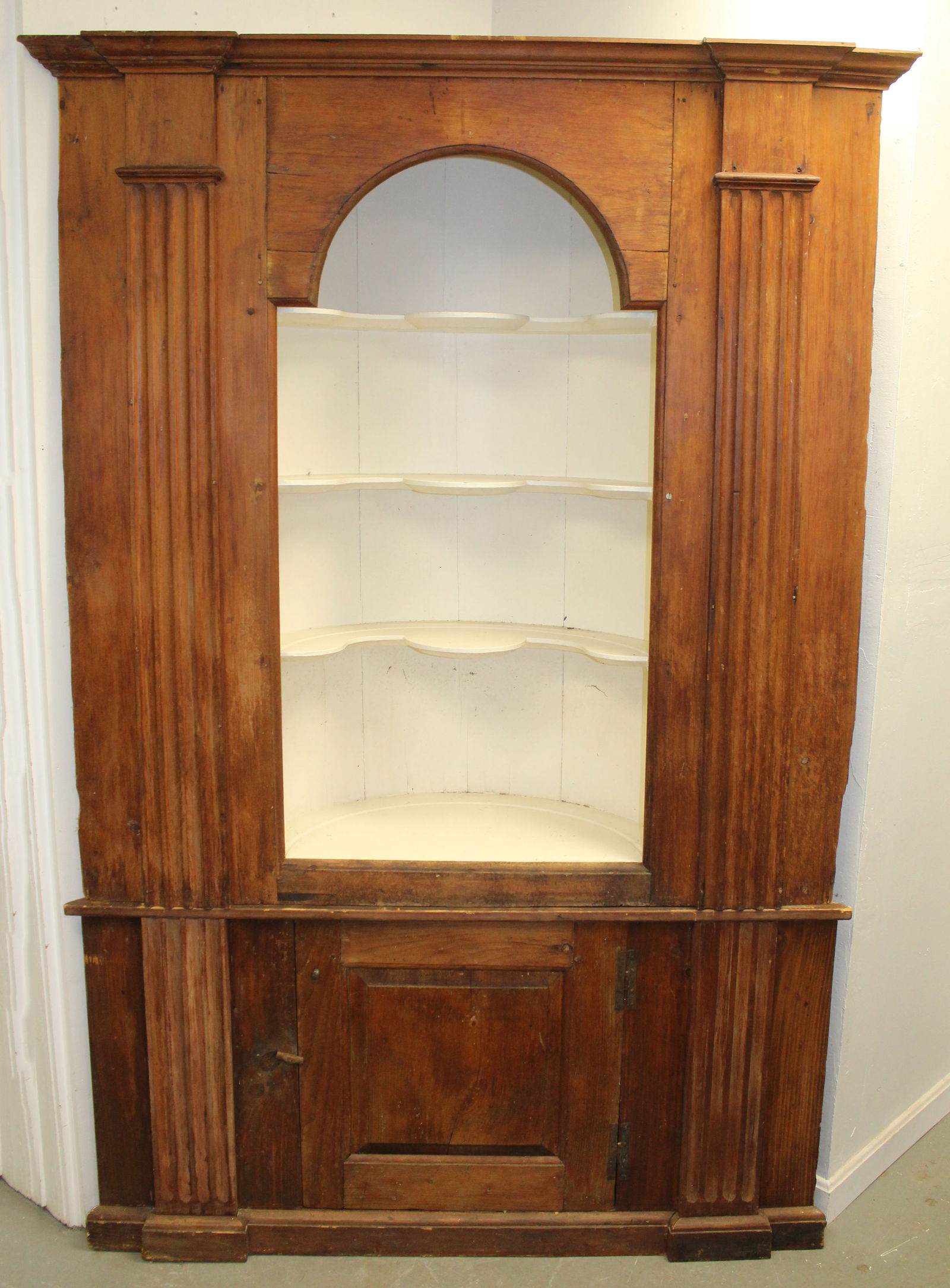Antique barrel back corner cupboard in natural surface w open top, shaped shelves & white painted (1 of 11)