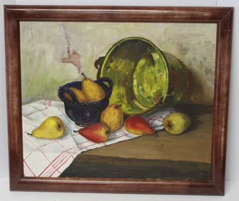 Early 20thC o/panel still life of fruit & vases - sgnd illegibly - overall framed size 22 1/2"x28"