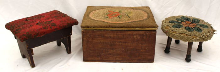 Lot of 3 antique footstools (1 in box form) - 2 w hooked rug upholstered top & the other w fabric