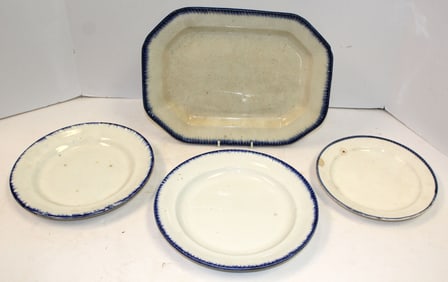 Lot of 4 antique feather edged items incl 3 plates & a platter
