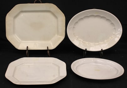 Lot of 4 ironstone platters - 2 oval & 2 octag (1 feather edge) - 14 1/4", 15 3/4", 17" & 18"