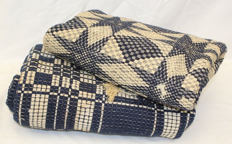 Lot of 2 antique blue & white coverlets/blankets