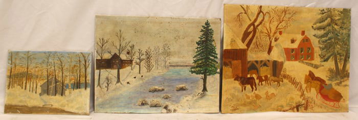 Lot of 3 vintage o/bd winter scenes incl sgnd Amy L Walt; Shirley Fraize & Theresa Etter - 9"x12" -