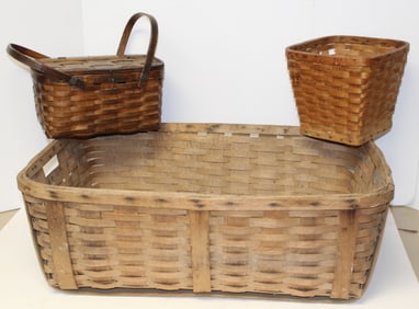 Lot of 3 antique baskets incl large rectangular in white, double bail handled & small square
