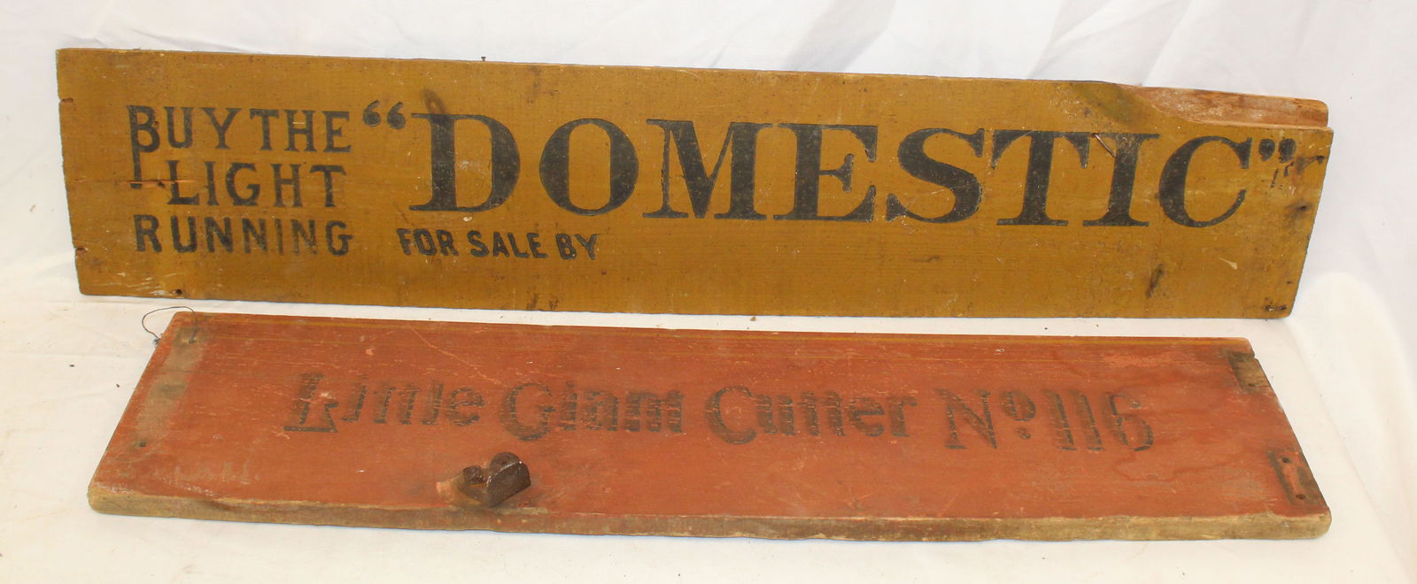Lot of 2 vintage wooden painted signs - "Domestic" & "Little Giant Cutter No 116" - 8"x38" & 7 1/2"x (1 of 8)