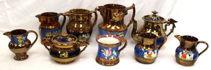 Lot of 9 Copper Luster floral embossed items incl teapot, creamers, sugar & cup - 3 1/2"-7"