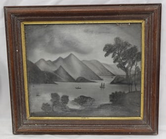 Antique charcoal riverscape w mountains in background - 13"x15"