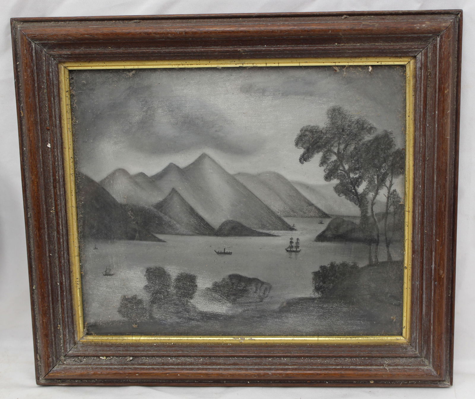Antique charcoal riverscape w mountains in background - 13"x15" (1 of 5)