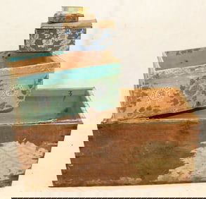 Lot of 5 antique boxes with traces of wallpaper covering in various sizes from very small to large -