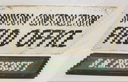 Lot of 2 vintage wooden painted signs - "Davison Construction Field Office" & double sided "B.M.