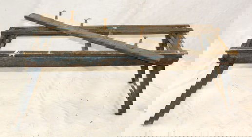 Antique wooden folding wash stand in blue paint together w a wooden blue painted peg rack - 19" tall