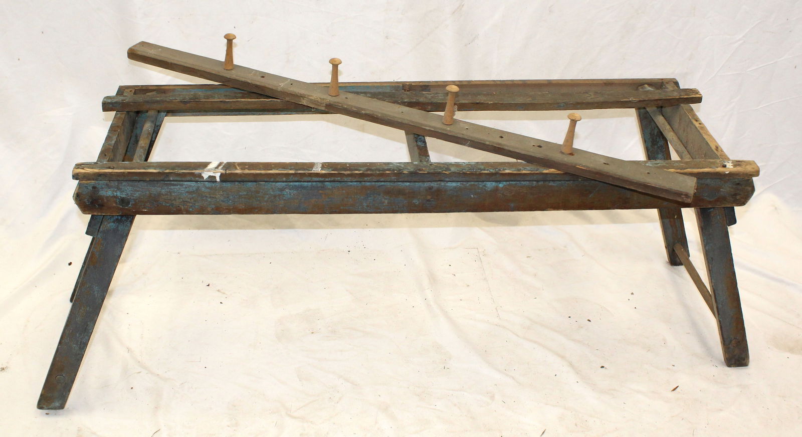 Antique wooden folding wash stand in blue paint together w a wooden blue painted peg rack - 19" tall (1 of 6)