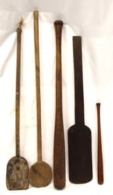 Lot of 5 antique long handled wooden paddles - 16 1/2" - 35"