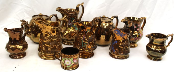 Lot of 10 pcs Copper Luster incl teapots, creamers, cup, etc - 2 1/2" - 8 1/2"