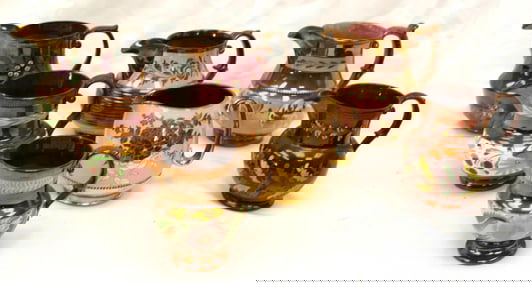 Lot of 7 Copper Luster creamers - 4 1/2" - 6 1/2"