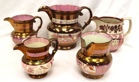 Lot of 5 Copper Luster creamers - 5 1/2" - 7"