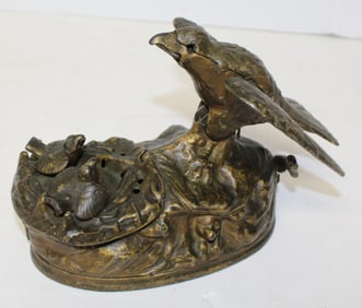 J.E. Stevens pat's 1883 Eagle & Eaglets cast iron mechanical bank - 6" tall x 8" long