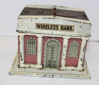 ca 1930's "Wireless" cast iron, tin & wood mechanical bank - 5 1/4" tall x 6"x4 3/4"
