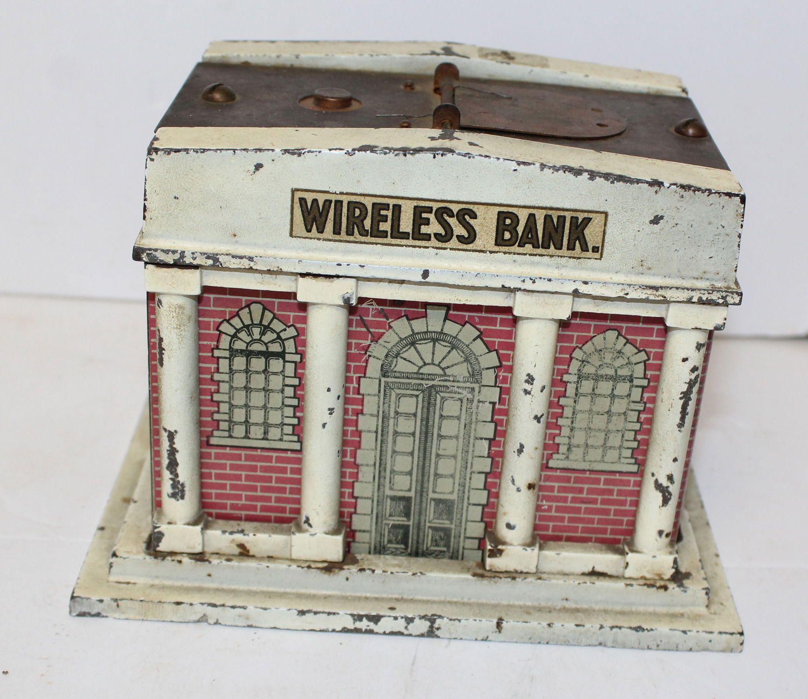 ca 1930's "Wireless" cast iron, tin & wood mechanical bank - 5 1/4" tall x 6"x4 3/4": ca 1930's "Wireless" cast iron, tin & wood mechanical bank - 5 1/4" tall x 6"x4 3/4"