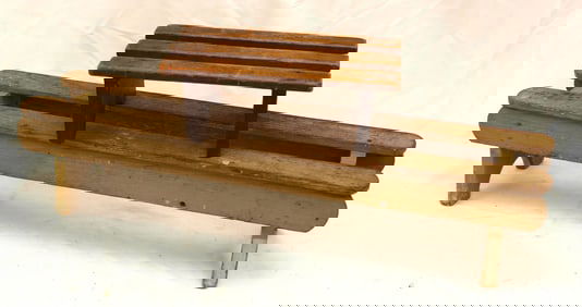 Lot of 2 antique wooden slat benches/stools - 4" tall x 12"x 6 1/2" & 6 1/2" tall x 28"x7"