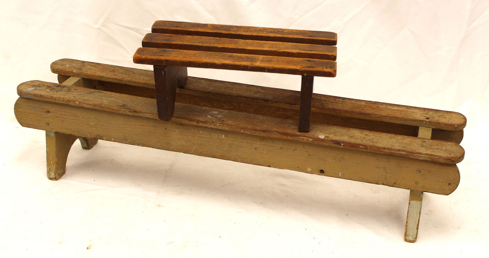 Lot of 2 antique wooden slat benches/stools - 4" tall x 12"x 6 1/2" & 6 1/2" tall x 28"x7" (1 of 4)