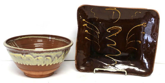 Lot of 2 redware items incl slip dec square charger & a bowl - 5 1/2" tall x 11" diam & 11"x13"