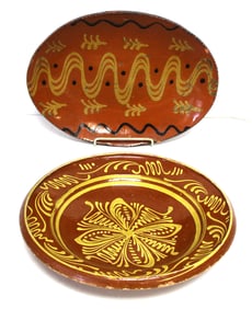 Lot of 2 Vintage redware slip dec items incl a sgnd Greg Shooner dated 1998 platter & an unmarked