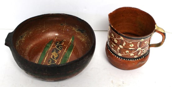 Lot of 2 decorated redware items incl bowl & cup - 3" tall x 8" diam & 5" tall
