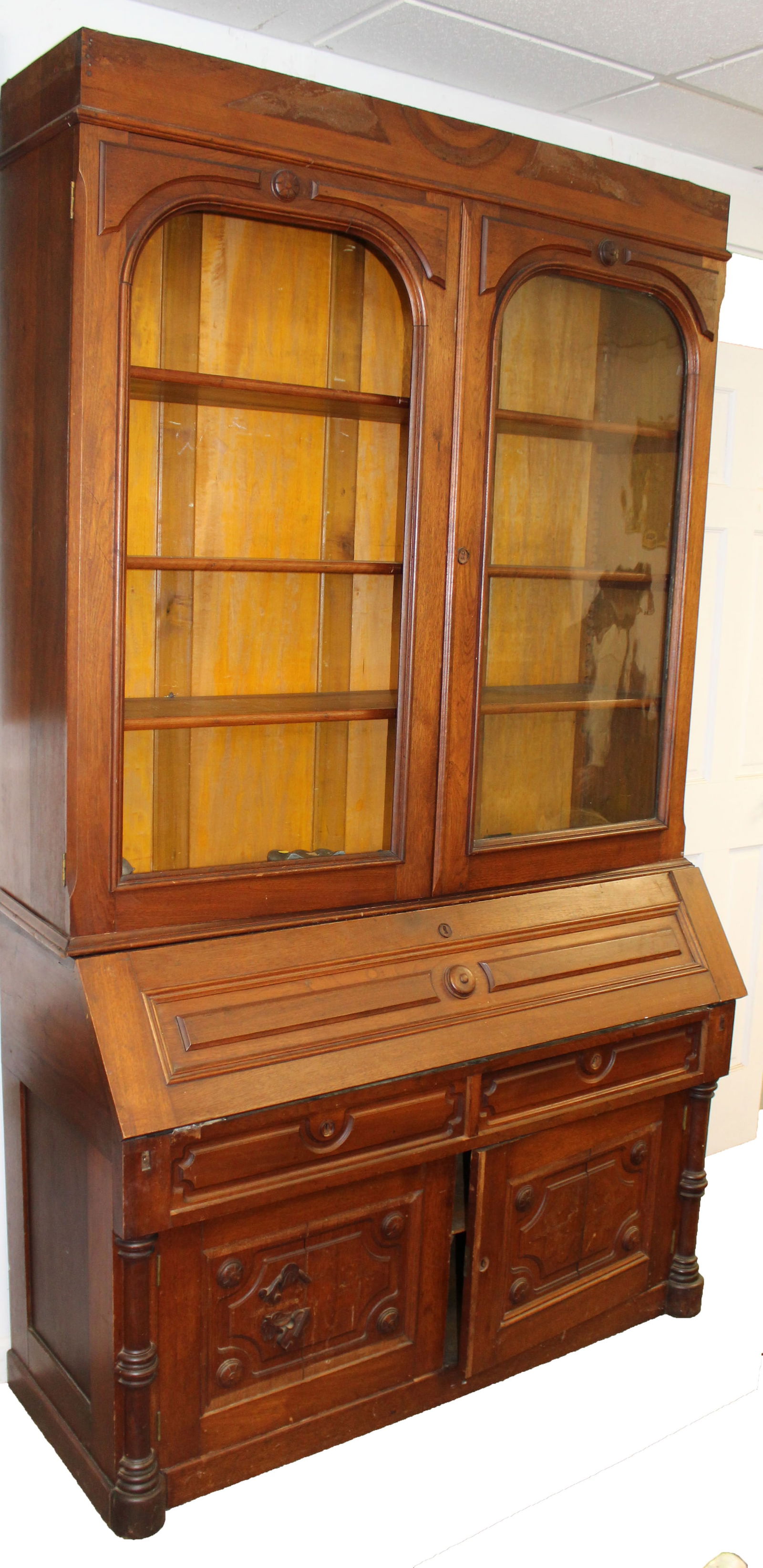 Large antique slant front secretary desk w glass front bookcase top over 2 door cupboard bottom - (1 of 4)