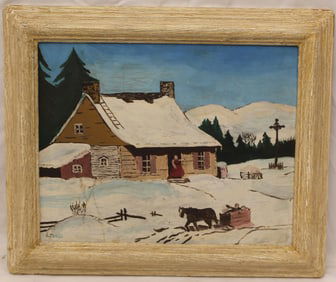 Sgnd R. Jeckill o/bd winter scene - overall framed size 14 1/2"x17 1/4"