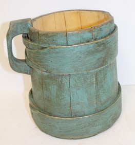 Antique piggin in robin's egg blue paint - 9 1/2" tall x 7 1/2" diam