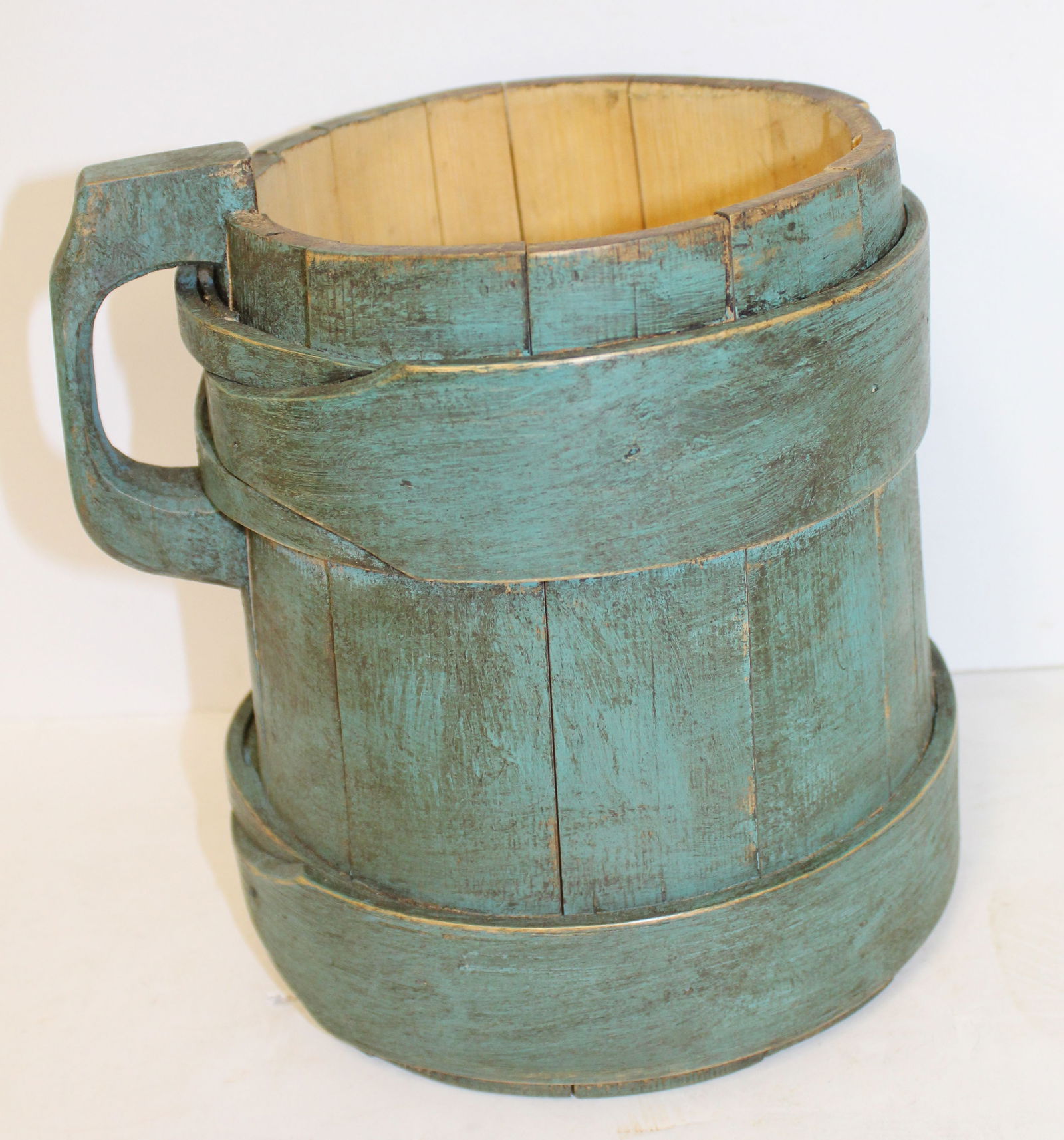 Antique piggin in robin's egg blue paint - 9 1/2" tall x 7 1/2" diam (1 of 5)