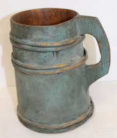 Antique piggin in blue paint - 8" tall x 4 1/2" diam