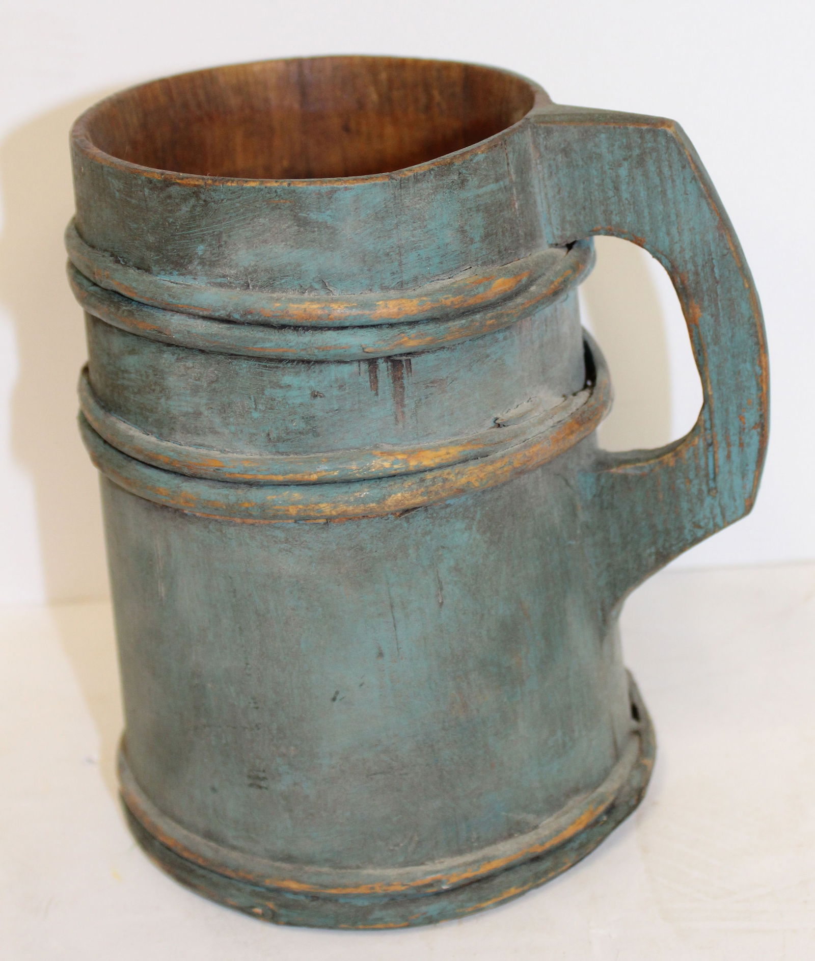 Antique piggin in blue paint - 8" tall x 4 1/2" diam (1 of 5)