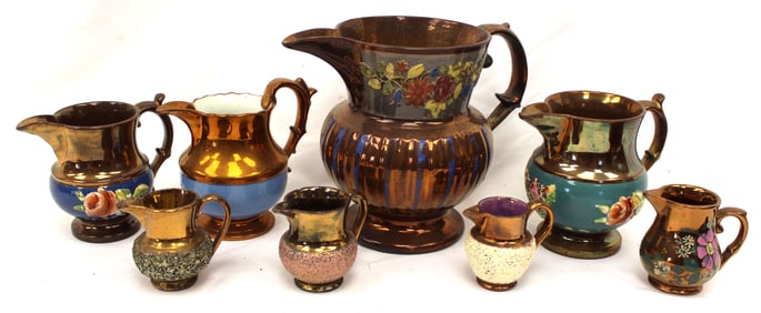 Lot of 8 Copper Luster pitcher/creamers - 2 1/2" - 7"