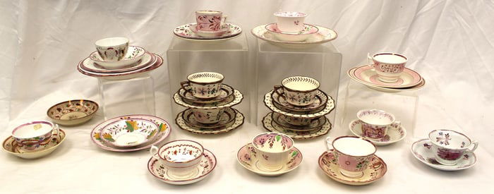 Large lot of pink luster & other cups & saucers