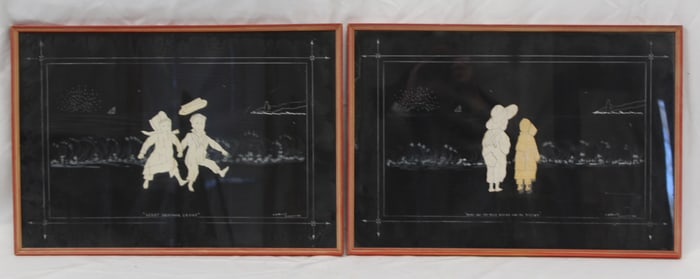 Pair of framed Bark Folk Art drawings/cut outs titled "Scoot Brother Scoot" & "What are the Wild