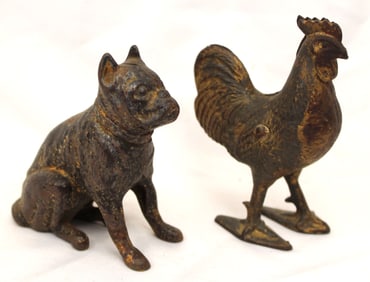 Lot of 2 antique cast iron still banks - dog & rooster - 4" & 4 1/2" tall