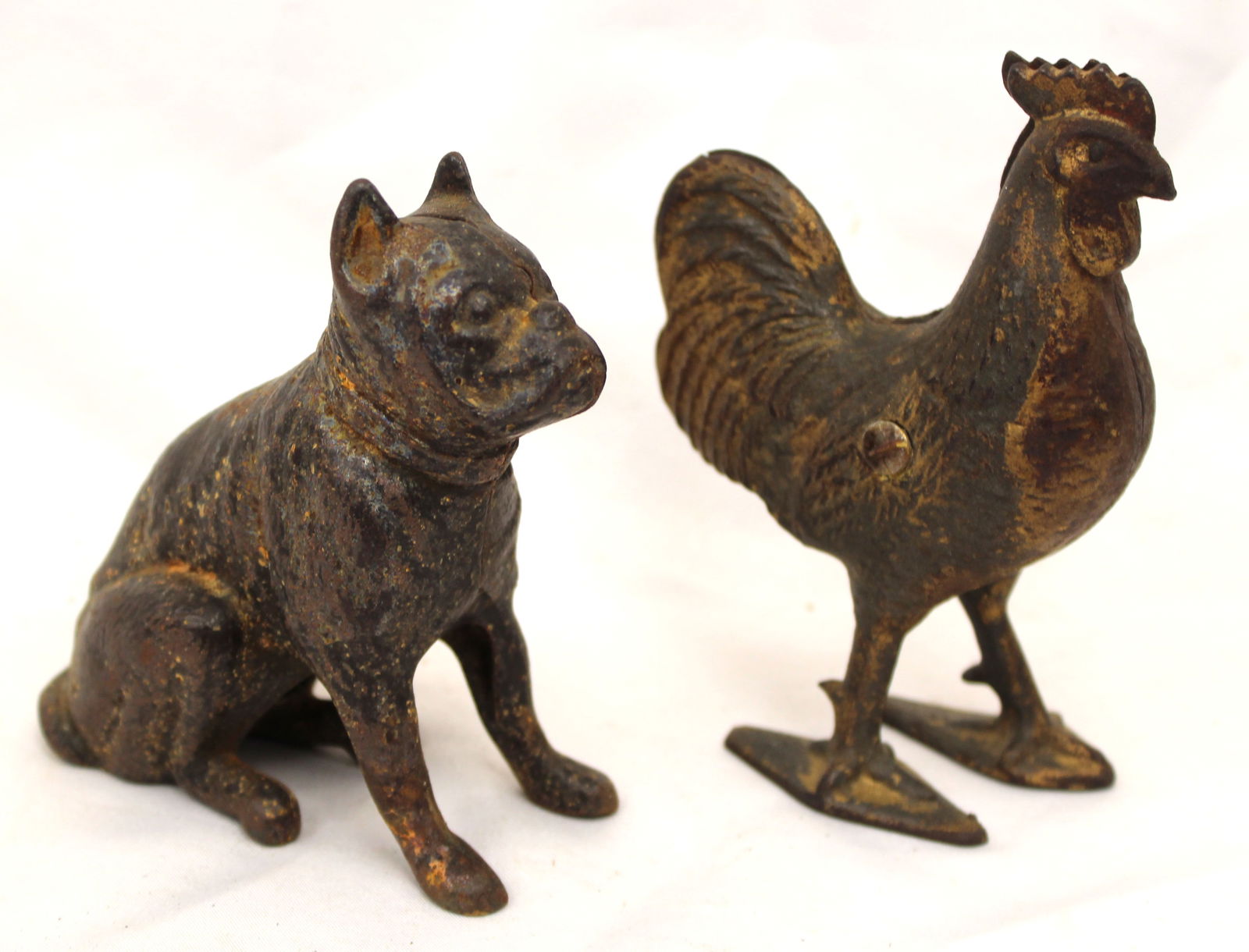 Lot of 2 antique cast iron still banks - dog & rooster - 4" & 4 1/2" tall (1 of 9)