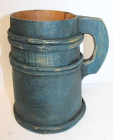 Antique piggin in blue paint - 8 1/4" tall x 4 1/2" diam