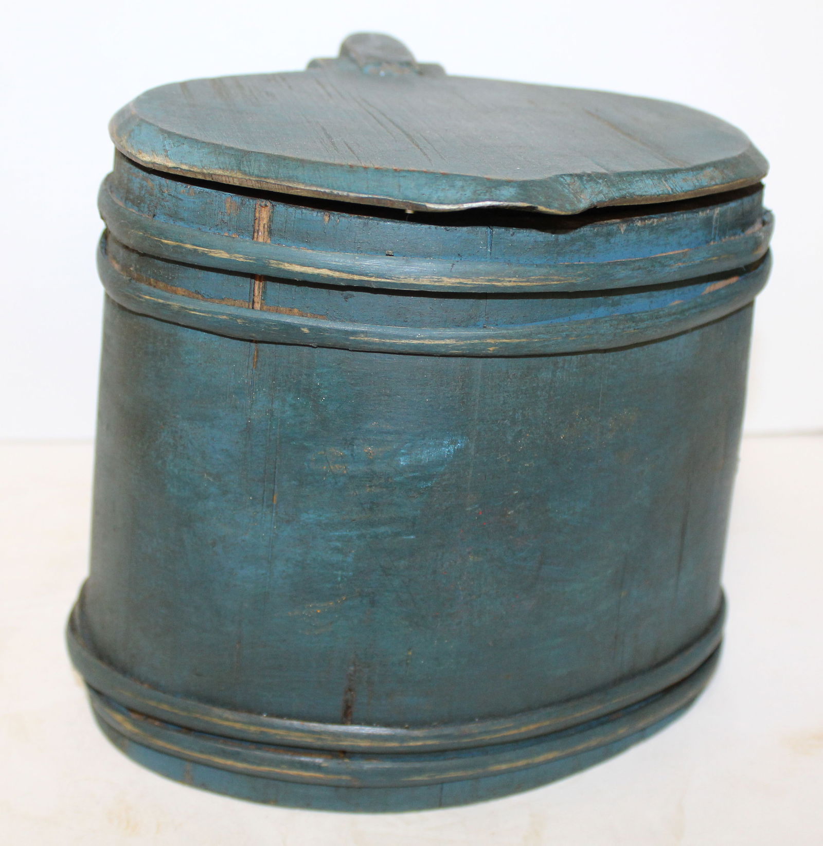 Antique oval piggin in blue paint - 6" tall x 7: wide (1 of 6)
