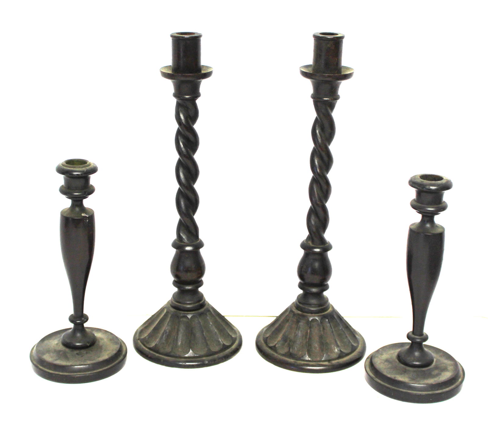Lot of 2 pairs of wooden candlesticks - 9" & 14" tall: Lot of 2 pairs of wooden candlesticks - 9" & 14" tall