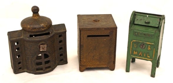 Lot of 3 antique cast iron still banks - US Mail, Safe & Building - 2 1/2", 3" & 4"