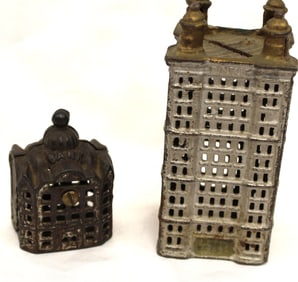 Lot of 2 antique cast iron building still banks - 3" & 6"