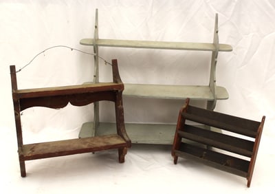 Lot of 3 small vintage/antique wall shelves - smallest 9"x10"x2" & largest 19"x20"x4 1/2"
