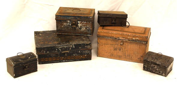 Lot of 6 antique toleware boxes - 2 1/2"x4"x2 1/2" - 5 1/2"x9"x4 1/2"