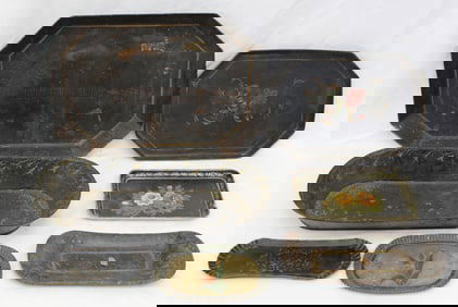 Lot of 7 small antique toleware trays - 5"x7 1/2" - 15 1/2"x7"