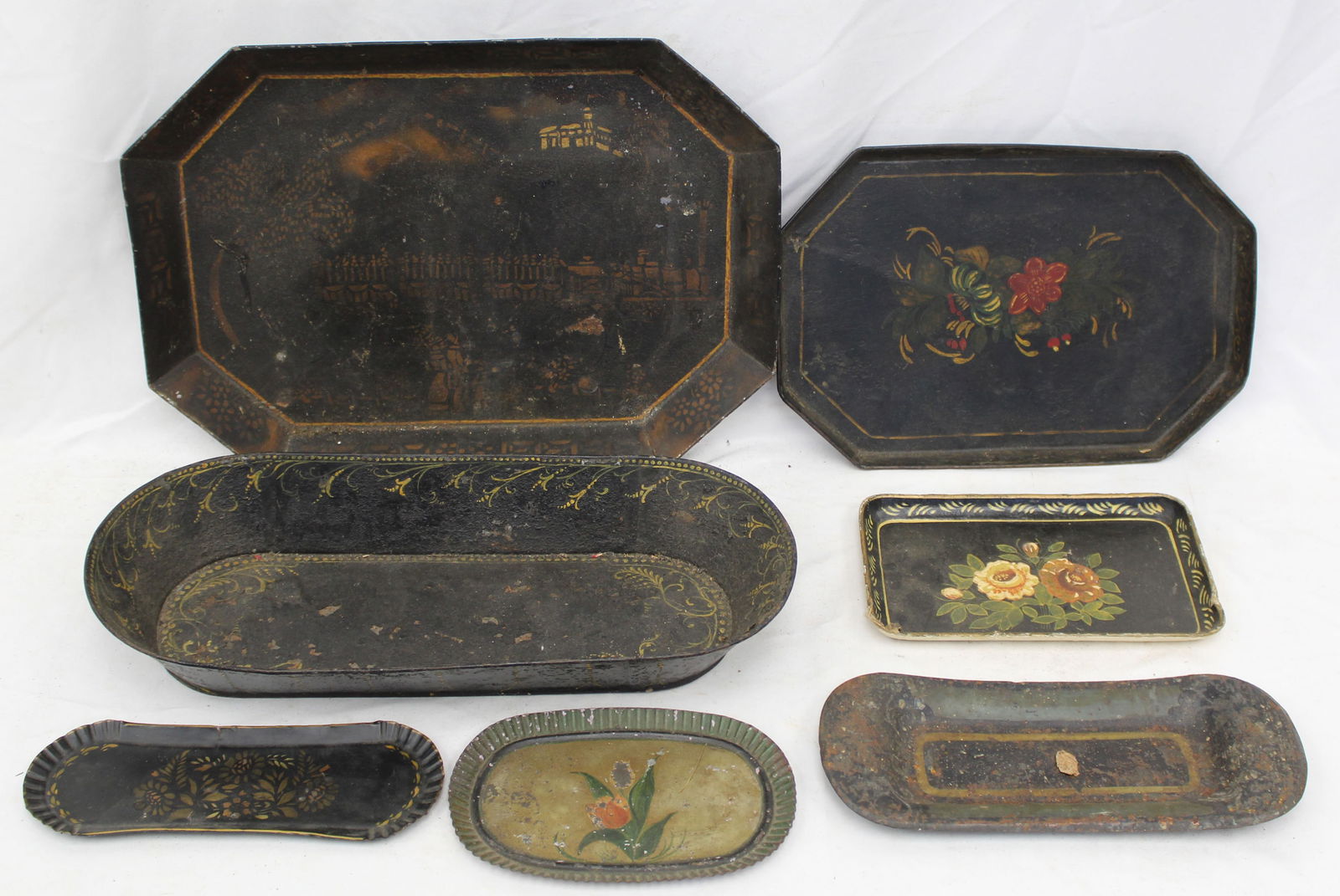 Lot of 7 small antique toleware trays - 5"x7 1/2" - 15 1/2"x7" (1 of 8)