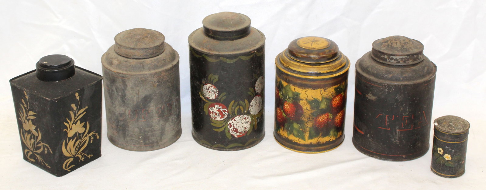 Lot of 6 antique toleware tea cannisters - 3"x7 1/2": Lot of 6 antique toleware tea cannisters - 3"x7 1/2"